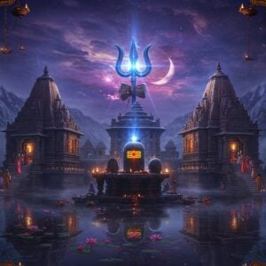 A majestic night scene featuring three ancient Maharashtra Jyotirlinga temples emerging from a misty mountainous landscape, with Lord Shiva's iconic Trishul prominently placed in the center, emanating divine blue light. The temples showcase intricate Hemadpanthi architecture with detailed stone carvings and towering spires. The foreground features a sacred water tank reflecting the temples, surrounded by floating lotus flowers and diyas. The sky is adorned with swirling cosmic energies in deep purples and blues, with a large crescent moon near the Trishul. Multiple Shiva lingams are shown radiating golden light through temple doorways. The scene is illuminated by ethereal light sources: earthen lamps, floating diyas, and the natural glow of the lingams. Traditional Madhubani-style patterns frame the corners of the scene, featuring motifs of snakes, damarus, and rudraksha beads in gold and saffron colors. The atmosphere is mystical and serene, with traces of incense smoke creating spiritual patterns in the air, while small groups of pilgrims in traditional Indian attire can be seen approaching the temples on ancient stone steps. Hyperrealistic digital art style with magical realism elements.