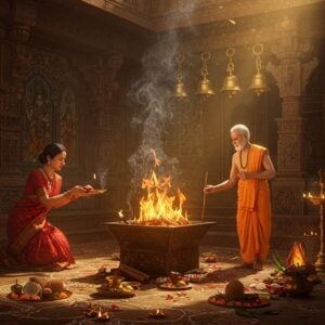 A serene Indian family performing traditional Hindu rituals in a grand temple courtyard illuminated by golden light. The scene features an elderly priest in saffron dhoti performing a sacred fire ceremony (havan) in an ornate brass kund, with intricate smoke patterns rising upward. To the left, a woman in a red silk saree performs aarti with a beautiful gold thali decorated with flowers and diyas. Behind them, multiple brass bells hang from carved temple architecture. The foreground shows elaborate rangoli patterns with marigold flowers, coconuts, and traditional puja items like kalash with mango leaves. The background features detailed Madhubani-style artwork on temple walls depicting various Hindu deities in traditional poses. Soft rays of sunlight filter through ornate temple windows, creating a divine atmosphere. The color palette includes deep maroons, saffron, gold, and peacock blue. The art style combines hyperrealistic digital rendering with traditional Indian art elements, featuring intricate patterns, mandala motifs, and spiritual symbols. The lighting is warm and ethereal, with floating diyas and incense smoke adding to the mystical ambiance.