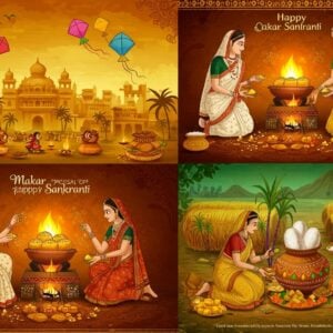 A vibrant panoramic scene depicting four distinct regional Makar Sankranti celebrations merged into one harmonious composition. In the top left, colorful kites dot a golden sky above Gujarat's cityscape. Below, Bengali women in red-bordered white sarees prepare pitha on traditional clay stoves, surrounded by intricate alpana patterns. On the right, Tamil women in Kanjeevaram sarees perform Pongal rituals around a decorated clay pot with sugarcane stalks and turmeric plants. In the foreground, Maharashtra's rural landscape shows women in traditional Marathi attire offering til-gul. The scene features intricate Madhubani-style borders with geometric patterns and sun motifs. The lighting is warm and golden, symbolizing the sun's northward journey. Traditional elements like sesame seeds, jaggery, marigold flowers, and harvest symbols are scattered throughout. The color palette includes deep saffron, maroon, golden yellow, and rich earth tones. The overall composition has a dreamy, ethereal quality with soft glowing highlights and subtle spiritual symbols integrated into the design, while maintaining a contemporary digital art finish.
