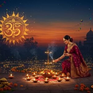 A serene nighttime scene showing a traditional Indian courtyard during Makar Sankranti, illuminated by dozens of brass and earthen diyas arranged in intricate rangoli patterns. The diyas emit a warm, golden glow that creates magical light patterns. In the center, a beautiful Indian woman in a rich maroon silk saree with golden border performs the ritual of lighting lamps, her face lit by the divine glow. The background features a stylized sun symbol representing Surya crossing Makar rashi, rendered in traditional Madhubani art style with intricate patterns. Floating lotuses and marigold flowers surround the scene. The sky shows a gradient from deep indigo to warm orange, with small kites flying in the distance. The overall composition combines hyperrealistic lighting effects with traditional Indian art elements, creating a mystical atmosphere. The scene includes subtle details like til (sesame) and gud (jaggery) offerings near the lamps, and traditional Indian architectural elements with mandala patterns. The lighting creates a dramatic interplay of light and shadows, with golden sparkles and smoke trails adding to the spiritual ambiance.