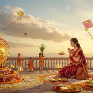 A serene winter morning scene with golden sunlight streaming through clouds, illuminating a richly detailed Indian landscape. In the foreground, an elegantly dressed Indian family performs traditional Makar Sankranti rituals on a decorated terrace. A young woman in a rich maroon silk saree with golden border offers prayers to a beautifully decorated copper surya (sun) idol, while others fly colorful kites against the warm sky. The terrace features intricate rangoli patterns made with yellow flowers, rice, and kumkum, with til-gul ladoos and traditional sweets arranged on brass thalis. Multiple kites in vibrant patterns soar in the background sky, creating a festive atmosphere. Traditional elements like sesame seeds, jaggery, and sugarcane stalks are artfully arranged. The scene features a harmonious blend of Madhubani art patterns in the decorative elements while maintaining a modern, digital aesthetic. The color palette emphasizes warm golds, deep yellows, rich marooms, and sky blues. Soft glowing effects around the sun and the offerings create a spiritual atmosphere, while detailed patterns on textiles and decorations showcase intricate Indian artistry.