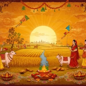 A vibrant Indian harvest celebration scene at sunrise, with a large golden sun crossing the Tropic of Capricorn, rendered in rich Madhubani art style. In the foreground, detailed traditional rangoli patterns made with rice and flowers form intricate geometric designs. Two Indian women in festive silk sarees (one in yellow, one in red) flying colorful kites against a warm saffron sky filled with swirling patterns of sesame seeds and jaggery. The background features stylized fields of golden wheat and sugarcane in Pattachitra style, with tilak-shaped decorative borders. Sacred cows adorned with garlands and bells graze nearby. Glowing mandalas float ethereally in the sky, while small detailed vignettes show traditional rituals - til-gul exchange, holy dips in rivers, and haldi-kumkum ceremonies. The overall composition blends deep traditional colors (maroon, peacock blue, saffron) with modern digital art techniques, creating a dreamy, spiritual atmosphere enhanced by soft golden light rays and floating marigold petals.