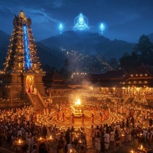 A mystical nighttime scene at Sabarimala temple illuminated by the divine Makaravilakku light on the Ponnambalamedu hill, with thousands of devotees in black holding lit lamps creating a sea of golden lights. The 18 sacred steps gleam in gold in the foreground, while the main temple structure features traditional Kerala architecture with intricate details and copper-plated roofs. Lord Ayyappa's shrine emits a supernatural blue aura. The celestial light phenomenon shows three distinct light formations against the dark sky, surrounded by misty mountains. Multiple oil lamps illuminate the temple premises, creating a warm golden glow. In the mid-ground, devotees perform the traditional Ayyappa dance in a circle. The scene combines photorealistic temple architecture with ethereal lighting effects, rendered in a modern digital art style with rich deep colors - predominantly deep blues, burning golds, and warm oranges. Intricate Malayali architectural patterns and motifs adorn the temple structures. The atmosphere is serene yet vibrant, with slight smoke effects from the lamps adding depth and mystery to the scene.