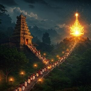 A mystical nighttime scene at Sabarimala temple illuminated by the divine Makaravilakku flame, glowing brilliantly against the dark sky. The ancient stone temple structure sits majestically on the hilltop, with intricate Kerala architecture details in gold and maroon. In the foreground, a stream of devotees in traditional black attire climbing the 18 sacred steps, their irumudikkettu visible. The Makaravilakku flame appears as a large, ethereal golden light on the Ponnambalamedu hill, surrounded by a mystical aura with sparkles of divine energy. Soft moonlight filters through misty clouds, creating a dreamy atmosphere. The scene incorporates traditional Ayyappa symbols like the lotus, peacock feathers, and rudraksha. Sacred forest surrounds the temple with deep greens and subtle blue highlights. Multiple smaller oil lamps and torches dot the path, creating a path of light. The overall composition has a photorealistic quality with supernatural lighting effects, emphasizing the spiritual significance with golden halos and subtle mandala patterns in the sky. Style combines traditional Kerala mural art elements with modern digital aesthetics.