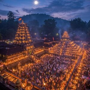 A majestic aerial view of Sabarimala temple at twilight, illuminated by thousands of traditional oil lamps and devotees holding lit lamps, creating a sea of golden lights against the deep blue-purple sky. The sacred Makarajyoti celestial light appears as a brilliant star burst over the densely forested Ponnambalamedu hills. In the foreground, Lord Ayyappa's temple stands regally with its golden flagstaff gleaming, surrounded by intricate Keralan architecture with copper-plated roofs. Devotees in traditional black attire form a flowing river of lights along the eighteen sacred steps. The scene captures mystical smoke from the ceremonial fire, creating ethereal swirls in the air. The lighting is dramatic with the warm glow of oil lamps contrasting against the cool evening sky. Small details include coconut trees silhouetted against the sky, temple elephants adorned with ceremonial decorations, and the moon peeking through misty clouds. Art style combines photorealistic architectural details with mystical, ethereal lighting and traditional Kerala mural art elements in the decorative details. The overall mood is deeply spiritual and awe-inspiring.