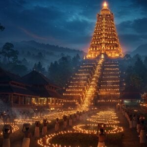 A majestic nighttime scene at Sabarimala temple illuminated by the divine Makaravilakku light on the Ponnambalamedu hilltop, glowing in brilliant golden-orange hues against a deep blue sky. In the foreground, a stream of devotees in traditional black attire carry irumudi on their heads, creating a serpentine pattern with their lit lamps. The temple architecture features intricate Keralan style with sloped roofs and wooden details, rendered in rich maroon and gold. Surrounding forest depicts dense Western Ghats vegetation with misty mountains in background. The scene includes the sacred 18 steps (Pathinettam Padi) gleaming in gold, with decorative oil lamps on either side. Multiple layers of light sources - the celestial Makaravilakku, thousands of devotee lamps, and temple deepams - create a mystical atmosphere with golden light reflecting off the rain-forest foliage. The style combines hyperrealistic digital art with traditional Kerala mural art elements, featuring ornate patterns and motifs in gold filigree. Ethereal smoke from camphor and incense adds depth and mystery to the composition. The overall mood is spiritually uplifting with a cinematic quality, cinematic lighting, detailed, 8k resolution.