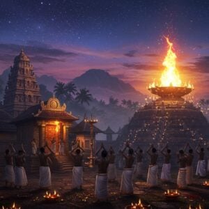 A serene nighttime scene at Sabarimala temple, illuminated by the divine Makaravilakku flame atop the Ponnambalamedu hill. The sacred flame glows with an ethereal golden-orange light, casting a mystical aura across the landscape. In the foreground, a group of devoted Ayyappa pilgrims in traditional black attire perform the characteristic Sarana Ghosham with raised hands. The temple architecture features intricate Keralan style with golden details and mandala patterns. Surrounding the scene are illuminated oil lamps and floating diyas creating a magical atmosphere. The sky features a cosmic blend of deep blue and purple hues with subtle stars and a crescent moon. Mystical light rays emanate from the Makaravilakku flame, creating a beacon of divine energy. The landscape includes sacred forest elements with tropical foliage typical to Western Ghats. The art style combines traditional Indian temple art with modern digital fantasy aesthetics, emphasizing the deep spiritual significance through dramatic lighting and ethereal effects. Hyperrealistic details in the flame's reflection and the devotees' expressions, with a surreal, dreamlike quality to the overall composition.