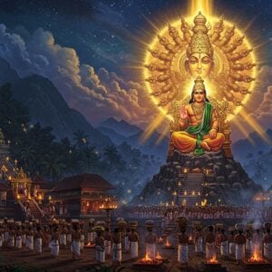 A majestic scene depicting Lord Ayyappa seated in padmasana on a golden throne atop Sabarimala hills, wearing traditional forest green dhoti and rudraksha mala, right hand in abhaya mudra, left hand resting on knee. Behind him, a massive celestial light (Makaravilakku) illuminates the night sky with divine golden rays. The light creates a ethereal glow against dark mountains. In foreground, hundreds of devotees in black attire holding irumudi on their heads, walking up illuminated 18 sacred steps. Sacred forest surrounding the temple glows with mystical blue light. Intricate Keralan temple architecture visible with traditional deepastambhas (lamp posts) lit with flames. Celestial clouds part to reveal stars forming Makara constellation. Art style combines hyperrealistic digital rendering with traditional Kerala mural art elements, emphasizing golden and deep blue hues. Atmosphere is deeply spiritual and mystical with soft glowing orbs of light floating in air. Scene should include detailed tropical vegetation, camphor flames, and smoke from ritual fire creating ethereal patterns in night sky.