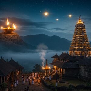 A mystical nighttime scene at Sabarimala temple, perched atop the sacred Sabarimala hills, illuminated by a divine ethereal glow. The ancient stone temple structure features intricate Kerala-style architecture with sloped roofs and golden finials. In the foreground, a group of devotees in traditional black attire perform anjali. The sky shows two distinct light phenomena: on one side, a traditional oil lamp (Makaravilakku) burning bright on Ponnambalamedu hill with realistic flame details, and on the other side, a mysterious celestial light (Makara Jyothi) appearing as three golden star-like formations. The scene is enhanced with divine elements like floating lotus flowers, smokey incense trails, and glowing mandalas in the background. The lighting creates a dramatic contrast between the deep blue night sky and the warm golden lights. Art style combines photorealistic temple architecture with mystical digital effects, maintaining cultural accuracy while creating a sense of divine mystery. The composition includes surrounding Western Ghats mountains shrouded in misty clouds, with moonlight filtering through.