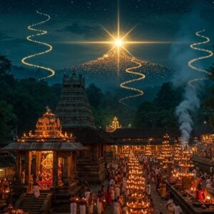 A majestic nighttime scene at Sabarimala temple, illuminated by the divine Makaravilakku light appearing on Ponnambalamedu hill. The ancient stone temple structure sits prominently in the foreground, with intricate Kerala architecture details and oil lamps glowing with golden light. Thousands of Ayyappa devotees in black attire are shown as silhouettes holding lit lamps, creating a sea of golden lights across the temple premises. The celestial light of Makaravilakku appears as a brilliant star-like illumination in the distance, with ethereal rays spreading across the dark sky. Mystical smoke from ritual fires rises in spirals, intertwining with moonlight. The surrounding forest is rendered in deep emerald greens with hints of gold. Lord Ayyappa's idol can be seen in the temple sanctum, adorned with traditional golden ornaments and vibrant flowers. The scene combines photorealistic detail with magical surreal elements, using a color palette of deep blues, blacks, and warm golden glows. Subtle mandala patterns and Kerala motifs are incorporated into the temple architecture details. The atmosphere captures both the grandeur and spiritual significance of this sacred ritual.