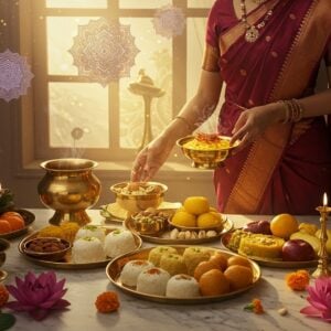 A serene Indian kitchen scene with golden morning light streaming through ornate windows, illuminating a pristine marble countertop where traditional brass and copper vessels are arranged. A graceful Indian woman in a rich maroon silk saree with golden border performs cooking rituals, her hands creating intricate mudras over brass thalis filled with vibrant offerings - saffron-hued kheer in silver bowls, perfectly shaped white sandesh decorated with pistachios, golden-brown halwa garnished with almonds, and fresh fruits arranged in sacred geometric patterns. Floating above the scene are ethereal, glowing mandalas in soft pastels. The background features delicate Madhubani-style artwork showing lotus patterns and peacock motifs in deep blues and golds. Small wisps of fragrant incense create a mystical atmosphere, while marigold and lotus flowers frame the composition. The lighting is warm and divine, with soft bokeh effects. The style combines photorealistic details with magical surrealism, featuring rich textures and a harmonious color palette of deep maroons, burnished golds, and peaceful pastels.