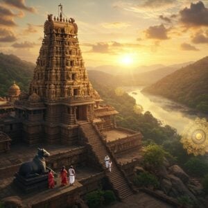 A majestic aerial view of Srisailam temple complex atop Nallamala hills during golden sunset, with the ancient Mallikarjuna Jyotirlinga temple as the centerpiece, its ornate Dravidian architecture featuring intricate golden spires and carved pillars. The temple glows with divine ethereal light emanating from within. The Krishna River flows serenely below, creating a mystical mist. In the foreground, a traditionally dressed Indian family (man in white dhoti, woman in red silk saree with gold border, and child) walks up the ancient stone steps. Sacred Nandi statue in black stone sits in prominence. The scene is surrounded by lush green forests and dramatic cloud formations. Multiple floating golden mandalas and lotus patterns frame the composition. Art style combines hyperrealistic digital rendering with traditional Kalamkari patterns, featuring rich colors of deep maroon, saffron, and peacock blue. Soft divine rays of light pierce through clouds, creating a spiritual atmosphere. The lighting is warm and mystical, with hints of lens flare and bokeh effects.