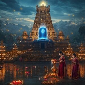 A majestic night scene of the ancient Mallikarjuna temple on Srisailam hill, illuminated by countless oil lamps and moonlight, with the sacred Jyotirlinga emanating a divine blue-white glow at its center. The temple architecture features intricate Dravidian style with detailed stone carvings and towering gopurams adorned with gold accents. In the foreground, a serene pilgrim couple in traditional Indian attire (man in white dhoti, woman in maroon silk saree) performing abhishekam with sacred water from copper vessels. Floating lotus flowers and diyas on the Krishna river below create golden reflections. The background shows misty Nallamala forests with ethereal light filtering through. The scene combines hyperrealistic digital art with traditional Pattachitra style patterns in the sky. Mystical elements include swirling spiritual energy, subtle mandalas, and om symbols in golden light. The color palette focuses on deep blues, gold, saffron, and earthy stone tones, with dramatic lighting emphasizing the spiritual atmosphere. The entire scene should have a cinematic quality with depth and atmospheric perspective.
