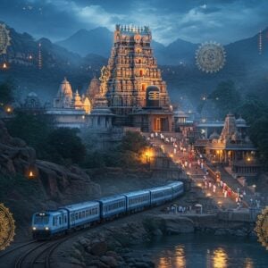 A majestic night scene of the ancient Mallikarjuna temple complex on Srisailam hill, illuminated by a divine ethereal glow, with the iconic Shiva Lingam at its center radiating golden light. The temple architecture features intricate South Indian Dravidian style with detailed stone carvings and towering gopurams. A modern blue and silver train winds its way through the mountainous landscape below, creating a serpentine path with soft lights. The foreground shows pilgrims in contemporary clothing ascending the temple steps with traditional offerings. Floating golden mandalas and lotus patterns frame the scene, while the river Krishna flows below reflecting moonlight. The color palette combines deep blues, warm golds, and soft whites. Mystical fog surrounds the temple peaks, with small oil lamps creating points of light throughout. The art style merges photorealistic architecture with ethereal Indian traditional art elements, featuring intricate Madhubani-inspired patterns in the sky. The scene is composed with dramatic perspective, showing both the grandeur of the temple and the accessibility of modern transport.