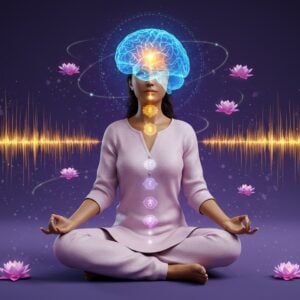 A serene Indian woman in lotus position, wearing a soft pastel pink silk kurta, floating in a surreal space filled with visible golden sound waves emanating from her mouth. Her brain, rendered in a ethereal transparent blue, glows with activated neural pathways illustrated as intricate mandala patterns. Multiple chakra points along her body illuminate in their respective colors. Surrounding her are delicate, flowing 3D visualizations of sound frequencies in sacred geometry patterns, creating a Fibonacci spiral. The background features a gradient from deep indigo to soft lavender, with subtle Madhubani-style motifs. Floating particles of light dance around her form. Small, glowing lotus flowers orbit around her head like electrons. The lighting is otherworldly with soft highlights emphasizing the meditation mudra of her hands. Hyperrealistic digital art style with spiritual overtones, combining cutting-edge scientific visualization with traditional Indian artistic elements.