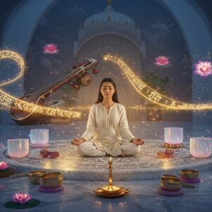 A serene Indian meditation space with floating, luminous Sanskrit mantras materializing as golden light threads in the air, interweaving with traditional Indian musical instruments (veena, tabla, and flute) that emit ethereal colorful sound waves. A young Indian woman in a flowing white and gold silk outfit sits in padmasana on a marble platform adorned with intricate Madhubani-style mandala patterns. Her eyes are closed in peaceful meditation, surrounded by a soft, glowing aura. Crystal singing bowls arranged in a sacred geometric pattern around her create ripples of iridescent energy. The background features a modern interpretation of traditional temple architecture with smooth curves and contemporary lines, bathed in warm, diffused light. Floating lotus flowers in various stages of bloom emit subtle light, their petals reflecting the golden-blue spiritual energy. The scene combines photorealistic rendering with ethereal, magical elements, creating a seamless blend of traditional and contemporary spiritual aesthetics. The color palette focuses on deep indigos, celestial blues, warm golds, and soft whites.