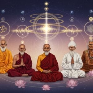 A serene circular composition showing diverse spiritual practitioners in traditional attire, arranged like a human mandala - an Indian sadhu in saffron robes, a Tibetan Buddhist monk in maroon robes, a Sufi mystic in white, and a Native American elder in ceremonial dress, all in deep meditation. Their hands are in various mudras, surrounded by intricate Madhubani-style patterns showing sacred geometry. Above them floats multiple translucent, concentric rings containing ethereal manifestations of sound waves in gold and white, representing universal vibrations. The background features a gradient from deep indigo to soft rose gold, with delicate lotus flowers and floating light orbs. Sacred symbols from different traditions - Om symbol, Celtic knots, Arabic calligraphy, and Buddhist endless knot - appear as subtle glowing elements. The lighting is mystical with rays of golden light emerging from the center, creating an otherworldly atmosphere. Art style combines hyperrealistic faces with decorative Indian miniature painting elements and modern digital techniques, emphasizing both tradition and contemporary appeal.