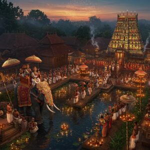 A mesmerizing aerial view of Mavilayi temple complex during festival time, illuminated by thousands of traditional brass oil lamps creating a golden glow against the twilight sky. In the foreground, a grand elephant adorned with intricate golden nettipattam and ceremonial umbrellas leads a procession of traditionally dressed devotees carrying colorful silk parasols. Temple musicians playing chenda and kombu create dynamic energy. The scene features detailed Keralan architecture with copper-topped shrines and ornate wooden carvings. Floating brass lamps on the temple pond reflect like stars, while strings of jasmine flowers and banana leaves decorate the pathways. Multiple mini-scenes showcase different festival activities - classical Kathakali performers in vibrant costumes, panchavadyam performers in traditional white mundu, and devotees offering niramala. The artwork combines traditional Kerala mural art style with modern digital rendering, using rich colors like deep red, forest green, and burnished gold. Ethereal smoke from incense and oil lamps adds mystical atmosphere, while intricate mandala patterns in gold overlay the sky. Hyperrealistic details with magical realism influences, 8k quality, cinematic lighting