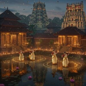A stunning aerial view of a modern Kerala village temple complex during dusk, illuminated by both traditional bronze nilavilakku lamps and modern LED installations creating a mesmerizing blend of warm golden and cool blue lights. In the foreground, elegantly dressed Malayalam women in contemporary versions of traditional Kerala sarees (cream with golden borders) perform classical thiruvathirakali dance in a perfect circle, their movements captured mid-motion. Behind them, a grand modern interpretation of a traditional temple architecture rises, its gopuram adorned with both ancient sacred symbols and subtle modern lighting elements. The scene features floating lotus flowers in a nearby temple pond reflecting both the traditional oil lamps and modern lights, creating a mirror-like effect. Intricate Madhubani-style patterns merge with sleek geometric designs in the background. The color palette combines traditional Kerala elements - gold, ivory, and deep maroon - with modern metallic and neon accents. The atmosphere is dreamlike with soft mist and floating golden particles, while detailed Malayalam architectural elements blend seamlessly with contemporary design elements. Hyperrealistic digital art style with attention to traditional Kerala architectural details and modern lighting effects.