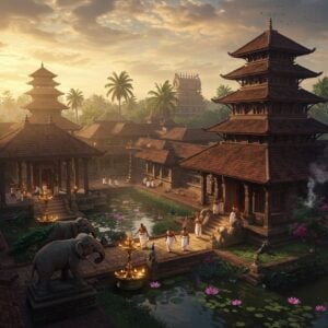 A grand aerial view of an ancient Kerala temple complex at sunrise, with traditional Kerala-style architecture featuring copper-tiled roofs and intricate wooden carvings. The main temple stands majestic with multiple-tiered roof structures (gopuras) in traditional dark wood and gold accents. Sacred lotus pond in the foreground reflects the golden morning light, surrounded by tall coconut palms swaying gently. Intricate Madhubani-style patterns merge with the temple's structural details, creating a harmonious blend of North and South Indian artistic elements. The scene is illuminated by warm, divine rays breaking through monsoon clouds, casting dramatic shadows across the temple courtyard. Stone elephants guard the entrance, adorned with traditional Kerala temple ornaments. Devotees in traditional Kerala attire (mundus and set-mundu) walking through the temple premises. The entire scene is rendered in a sophisticated digital art style with photorealistic textures, emphasizing the architectural details while maintaining a mystical, ethereal atmosphere with soft golden and deep maroon color palette. Delicate smoke from oil lamps adds to the spiritual ambiance, while peacocks roam the temple grounds. Detailed stone sculptures and brass lamps line the pathways, their intricate designs highlighted by the morning light.