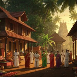 A vibrant street scene in Kerala style, featuring a traditional two-story tharavadu house with sloped terracotta-tiled roof and wooden pillars, surrounded by lush coconut palms and banana trees. In the foreground, a modern marketplace with local artisans displaying handwoven textiles in rich maroons and golds, traditional brass lamps, and handcrafted pottery. The scene is illuminated by warm golden sunlight filtering through the trees, creating intricate shadow patterns. A small temple with ornate architecture visible in the background, its gopuram decorated with intricate Malayali-style carvings. Modern elements include sleek cafes with glass fronts and contemporary signage seamlessly integrated with traditional architecture. The composition features detailed Madhubani-style border patterns in deep indigo and gold. The atmosphere captures both heritage and progress with people in modern clothing mixing with those in traditional Kerala attire. Small details include traditional Kerala boats (vallam) visible in a nearby waterway, strings of LED lights intertwined with traditional banana leaf decorations, and the subtle glow of smartphone screens among the crowd. The color palette combines deep greens, terracotta reds, and golden yellows typical of Kerala with modern metallic accents.