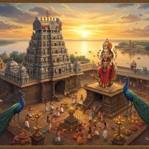 A magnificent aerial view of Mayiladuthurai temple complex at golden hour, with Lord Shiva as Mayuranathaswami and Goddess Parvati as Abhayambika at the center, rendered in ethereal glowing light. The temple's towering gopuram features intricate Dravidian architecture with golden highlights. Surrounding the main temple are sacred peacocks in royal blue and emerald green, their feathers detailed in traditional Madhubani style. The Cauvery River flows gracefully in the background with floating lotus flowers and diyas. The scene includes devotees performing rituals with camphor lamps, creating a warm golden glow. The composition features mystical elements like floating mandalas, silk-like clouds in sunset hues, and delicate flower petals. The art style combines hyperrealistic digital rendering with traditional Indian art motifs, emphasizing rich colors like deep maroon, royal blue, and burnished gold. Sacred symbols like trishul, damaru, and Tamil inscriptions are subtly incorporated into intricate border patterns. The lighting creates a divine atmosphere with rays of light streaming through the temple architecture.