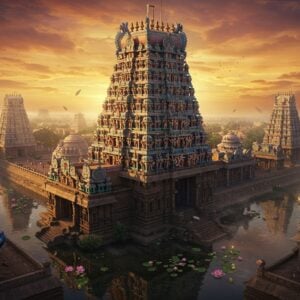 A majestic aerial view of Meenakshi Amman Temple during golden hour, with its towering gopurams adorned with thousands of intricate, colorful sculptures of deities, dancers, and mythological figures. The main gopuram rises dramatically against a surreal sky with deep oranges and purples, while golden light bathes the ancient stone structures. Multiple smaller gopurams create a fascinating geometric pattern when viewed from above. The temple tank reflects the architecture like a mirror, with floating lotus flowers adding spots of pink. Surrounding the temple, small floating orbs of divine light illuminate the intricate carvings. The scene captures both the grand scale and minute details - showing carved pillars, detailed mandapas, and the famous Hall of Thousand Pillars with its play of light and shadow. A gentle mist adds an ethereal quality, while peacocks perch gracefully on the temple spires. The artwork combines traditional Dravidian architecture with modern digital art techniques, emphasizing the temple's spiritual significance through dramatic lighting and atmospheric effects. Hyperrealistic 3D rendering, cinematic lighting, ultra-detailed architecture, golden hour photography style.