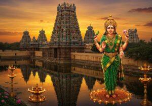 A majestic aerial view of Meenakshi Amman Temple during golden hour, with its 14 gopurams rising dramatically against a vibrant sunset sky in shades of saffron and deep purple. The main gopuram features intricate, colorful sculptures of Hindu deities and mythological figures, rendered in traditional South Indian temple architecture style but with enhanced digital art details. The temple's reflection shimmers in the sacred tank, creating a mirror image effect. In the foreground, a stylized Goddess Meenakshi stands with four arms - holding a parrot and lotus flower in her upper hands, and gesturing varada mudra and abhaya mudra in her lower hands, wearing a traditional emerald green silk saree with gold border. Her divine form emanates a soft, ethereal glow. The scene is surrounded by floating lotus flowers, glowing diyas, and delicate mandala patterns in gold and peacock blue. The lighting combines warm temple flames with cool moonlight, creating a mystical atmosphere. Art style merges hyperrealistic digital art with traditional Dravidian temple painting techniques, emphasizing the temple's architectural grandeur and spiritual significance.