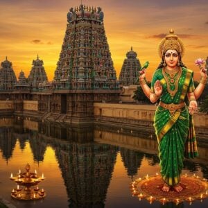 A majestic aerial view of Meenakshi Amman Temple during golden hour, with its 14 gopurams rising dramatically against a vibrant sunset sky in shades of saffron and deep purple. The main gopuram features intricate, colorful sculptures of Hindu deities and mythological figures, rendered in traditional South Indian temple architecture style but with enhanced digital art details. The temple's reflection shimmers in the sacred tank, creating a mirror image effect. In the foreground, a stylized Goddess Meenakshi stands with four arms - holding a parrot and lotus flower in her upper hands, and gesturing varada mudra and abhaya mudra in her lower hands, wearing a traditional emerald green silk saree with gold border. Her divine form emanates a soft, ethereal glow. The scene is surrounded by floating lotus flowers, glowing diyas, and delicate mandala patterns in gold and peacock blue. The lighting combines warm temple flames with cool moonlight, creating a mystical atmosphere. Art style merges hyperrealistic digital art with traditional Dravidian temple painting techniques, emphasizing the temple's architectural grandeur and spiritual significance.