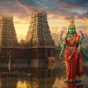 A majestic, ethereal view of the Meenakshi Amman Temple during golden hour, with its intricately carved gopurams reaching towards a mystical sky filled with soft pink and golden clouds. In the foreground, Goddess Meenakshi stands elegantly with fish-shaped eyes, emerald-green complexion, wearing a rich red and gold silk saree with traditional Tamil temple jewelry. She holds a parrot in her lower right hand, a lotus in her upper right hand, while her left hands hold a lily flower and gesture in abhaya mudra. The temple's reflection shimpers in a serene lotus pond, with floating diyas casting a warm glow. The scene incorporates elements of traditional Dravidian architecture with modern digital art techniques, featuring detailed carved pillars adorned with thousand-pillar mandapam motifs. Mythical creatures and divine peacocks are subtly placed around the temple structure. The lighting creates a dramatic interplay of light and shadow on the temple's golden vimanas, with rays of divine light streaming through the clouds. Art style merges hyperrealistic architectural details with ethereal, spiritually-inspired digital aesthetics, emphasizing the deep blues, greens, and golds traditional to South Indian temple art.
