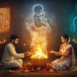 A serene modern Indian couple in contemporary attire (he in crisp white kurta, she in elegant pastel silk saree) performing a sacred ritual before a golden Havan kund, with ethereal smoke forming the silhouette of a child above. The scene blends traditional and modern elements - ancient Sanskrit manuscripts float translucently in the background alongside modern medical symbols. A radiant mandala pattern emerges from the fire, featuring intricate Madhubani-style motifs of the wish-fulfilling Kalpataru tree and fertility symbols. The lighting is warm and divine, with soft golden rays filtering through the smoke. In the background, a subtle transition shows traditional priests on one side and modern fertility specialists on the other, connected by flowing energy lines. The scene includes delicate lotus flowers, peacock feathers, and sacred threads woven into the composition. Style combines hyperrealistic digital art with traditional Indian art elements, emphasizing rich colors like deep maroon, saffron, and turquoise blue with modern metallic accents.