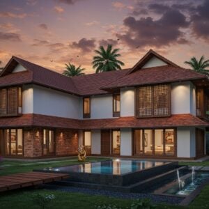 A stunning contemporary Kerala house set against lush tropical paradise, featuring traditional sloped tiled roof with modern geometric extensions in glass and steel. The facade combines sleek white walls with traditional red laterite stone and rich teak wood elements. A minimalist courtyard (nadumuttam) with a modern infinity pool reflects the structure, surrounded by tall coconut palms and banana plants. The house showcases floor-to-ceiling windows, floating wooden deck, and a dramatic cantilevered balcony. Traditional brass oil lamps (nilavilakku) are reimagined as modern light installations. The lighting is warm and golden, casting intricate shadows through modern interpretations of traditional wooden jaali work. The foreground features a manicured garden with native plants and a contemporary water feature inspired by temple ponds. The sky shows a dramatic sunset in deep oranges and purples, with monsoon clouds gathering. The scene is rendered in a photorealistic style with attention to architectural details, material textures, and atmospheric lighting, creating a perfect harmony between Kerala's traditional architectural elements and sleek modern design sensibilities.