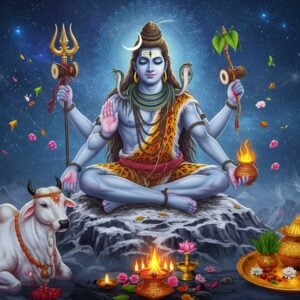 A majestic Lord Shiva in deep meditation, seated in Padmasana on a silver-white peak of Mount Kailash, 8 arms radiating divine energy. His right hands hold a trishul, damaru, rudraksha mala, and abhaya mudra, while left hands carry a serpent, crescent moon, agni, and varada mudra. Third eye prominently visible, matted locks adorned with crescent moon and flowing Ganga. Body smeared with vibhuti, wearing tiger skin and serpents as ornaments. Nandi bull serenely watching from below. Scene illuminated by ethereal blue light mixing with morning sun rays. Detailed bilva leaves and white flowers float in air. Background shows mystical smoke from dhoop, floating rudraksha beads, and ornate golden puja thali with traditional Monday offerings - milk, bel patra, diya, and flowers. Mandala patterns in cosmic blues and silver emerge from meditation aura. Art style combines hyperrealistic digital rendering with traditional Thanjavur painting aesthetics, emphasis on metallics and deep blues. Scene has surreal, divine atmosphere with subtle golden highlights and floating particles of divine light.
