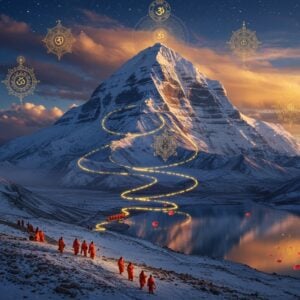 A majestic aerial view of Mount Kailash with its distinctive snow-capped peak against a mystical twilight sky, surrounded by ethereal golden clouds and floating lotus petals. The sacred mountain reflects a subtle blue aura, with intricate Tibetan-style mandalas floating in the atmosphere. In the foreground, a group of Indian pilgrims in traditional winter gear walk along the ancient Kora path, their forms small against the mountain's grandeur. The scene features sacred Lake Manasarovar in the distance, reflecting the mountain like a mirror. Swirling energy patterns in gold and saffron connect the pilgrims to the mountain peak. Traditional Hindu symbols like the Trishul and Om appear as constellation patterns in the sky. The lighting creates a dramatic interplay of deep blues, purples, and golden hues, with rays of divine light breaking through the clouds. The art style combines photorealistic mountain details with mystical Madhubani-inspired patterns in the sky and surrounding landscape. The overall composition suggests both physical journey and spiritual transcendence, with a modern digital art aesthetic maintaining cultural authenticity.