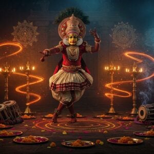 A dynamic scene of a Mudiyettu performer in an ornate red and black costume with elaborate facial makeup, performing the dramatic dance in mid-motion against a mystical Kerala temple backdrop illuminated by traditional bronze oil lamps. The performer wears the distinctive crown-like headgear adorned with peacock feathers and mirrors, reflecting golden light. Sacred geometric mandala patterns float ethereally in the background, merging traditional Keralan art motifs with modern digital effects. The scene is enhanced by swirling trails of vermillion and turmeric powder in the air, creating magical patterns. Multiple bronze mirrors arranged in a circular pattern on the ground reflect the performance, creating a kaleidoscopic effect. The lighting is dramatic with warm orange and deep blue tones, highlighting the performer's expressions. Sacred drums and percussion instruments are arranged in ritualistic formation. Smoke from incense creates a mystical atmosphere, with floating lotus petals and marigold flowers adding to the spiritual ambiance. The art style combines hyperrealistic details with ethereal, surreal elements, rendered in rich, deep colors typical of traditional Indian art with modern digital finesse.