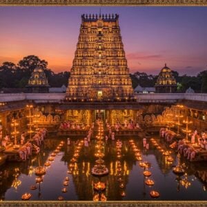 A majestic aerial view of the Munneswaram Temple complex at twilight, illuminated by hundreds of traditional brass oil lamps and modern warm lighting. The five-towered temple architecture features intricately carved granite gopurams in traditional Dravidian style, with the central tower rising dramatically against a mystical purple-orange sky. In the foreground, devotees in traditional Sri Lankan attire perform the fire ritual with camphor lamps, creating a mesmerizing reflection in the temple's sacred pool. The scene is adorned with detailed Madhubani-style borders featuring sacred symbols like conch shells and lotus flowers. Lord Shiva's divine presence is symbolized by a subtle ethereal blue glow emanating from the main sanctum. The temple grounds show meticulous detailing of ancient stone sculptures, blooming frangipani trees, and ceremonial elephants decorated with traditional temple ornaments. The lighting creates a dramatic interplay of light and shadow on the ancient stone walls, while floating lotus flowers and oil lamps in the temple tank add a serene element. Art style combines photorealistic architectural details with mystical, ethereal lighting and traditional Indian art elements, rendered in rich colors of deep gold, saffron, and peacock blue.