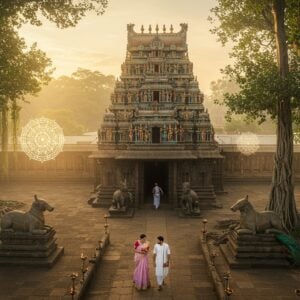 A majestic aerial view of Munneswaram Temple complex in Sri Lanka at golden hour, featuring its towering gopuram adorned with intricate Dravidian sculptures in rich colors of saffron, deep red, and gold. The main shrine dedicated to Lord Shiva stands prominently in the center, with sacred water tanks reflecting the warm sunlight. In the foreground, a young Indian couple in modern traditional attire (man in white kurta, woman in pastel silk saree) are walking towards the temple entrance, carrying traditional offerings of coconuts and flowers. Ethereal rays of light filter through morning mist, creating a mystical atmosphere. The scene is surrounded by ancient banyan trees with hanging roots, and several stone Nandi statues guard the pathways. Delicate mandala patterns float in the air like spiritual energy, rendered in soft gold and white. The artwork combines photorealistic architecture with magical surreal elements, featuring both traditional Dravidian temple art style and modern digital aesthetics. Small details include traditional oil lamps, peacocks, and lotus flowers scattered around the temple premises.