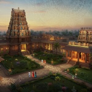 A majestic aerial view of Nachiyar Koil temple complex at golden hour, rendered in a blend of traditional Tanjore art style and modern digital aesthetics. The temple's gopuram towers gracefully with intricate architectural details in gold and deep maroon. The foreground shows a luxurious modern boutique hotel with traditional South Indian architecture, featuring a serene courtyard with a lotus pond. Warm, inviting lights glow from hotel windows. The scene includes well-dressed Indian tourists in modern clothing walking through beautifully landscaped gardens with palm trees. A subtle mandala pattern overlays the sky in soft peacock blue and gold hues. The composition includes modern amenities like a spa center and restaurant with traditional Tamil architectural elements. Soft ethereal lighting bathes the entire scene, creating a dreamy, welcoming atmosphere. Detailed stone carvings and traditional kolam patterns adorn the pathways. The style combines photorealistic architecture with ethereal lighting and mystical elements, incorporating both modern comfort and traditional spirituality.