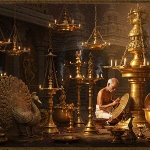 A magnificent display of gleaming Nachiyar Koil brassware arranged in a traditional South Indian temple courtyard setting, with intricate brass lamps (vilakku) of various sizes suspended from ornate brass chains. In the foreground, detailed brass peacocks and swans (annam) with meticulous etching work catch golden sunlight. The scene features a master artisan in traditional Tamil attire working on a large brass piece, his weathered hands carefully engraving traditional motifs. The background showcases towering temple gopuram architecture with brass decorative elements. The lighting is warm and dramatic, creating lustrous reflections on the polished brass surfaces. Ethereal smoke from brass incense holders creates a mystical atmosphere. The color palette includes deep gold, burnished bronze, and rich temple reds. The scene is rendered in a fusion of hyperrealistic digital art with traditional Tanjore painting style, incorporating intricate patterns and mandala designs in the borders. Small floating lotus petals and subtle divine light rays add a spiritual dimension to the composition.