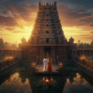 A magnificent aerial view of Nachiyar Koil temple during sunrise, with golden sunrays illuminating its ornate 9-tiered raja gopuram adorned with intricate Dravidian sculptures. The temple's reflection shimmers in a lotus-filled temple tank in the foreground. A young Indian couple in modern traditional wear (man in crisp white kurta, woman in silk saree) stand at the temple entrance, looking up in awe. The scene features mystical elements like floating diyas, ethereal light streams, and translucent mandalas in the sky. The architecture is rendered in photorealistic detail, highlighting the temple's granite construction and detailed carvings of Lakshmi and Vishnu. Surrounding the temple are blooming champa trees with golden flowers. The color palette includes deep maroons, royal blues, and burnished gold, with soft morning mist adding depth. The composition integrates Madhubani-style decorative patterns in the sky and traditional Tamil kolam patterns on the ground. The lighting is dramatic yet serene, creating a perfect balance between historical grandeur and spiritual atmosphere. The scene has a cinematic quality with subtle lens flares and depth of field effects.