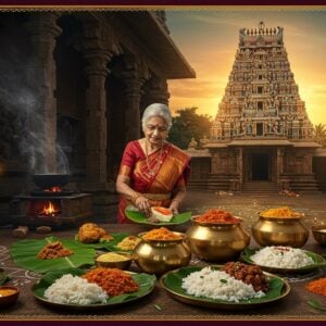 A stunning South Indian temple kitchen scene with an elderly Tamil woman in a traditional red and gold Madisar saree preparing traditional Nachiyar Koil prasadam on banana leaves. The foreground displays an array of authentic brass vessels containing colorful South Indian delicacies - golden temple sweet Pongal, vibrant orange Puliyodharai, and white jasmine-decorated Curd Rice. Intricate Kolam patterns made with rice flour decorate the floor. The background shows the grand Nachiyar temple tower (gopuram) with detailed Dravidian architecture, bathed in warm golden sunset light. Delicate smoke wisps from traditional clay pot cooking add atmosphere. The scene incorporates Madhubani-style decorative elements around the edges with peacock motifs and temple designs in deep maroon and peacock blue. The lighting is ethereal with soft glows around the prasadam and temple spires. Small oil lamps with glowing flames create depth and spiritual ambiance. The composition balances traditional elements with modern digital art techniques, creating a serene yet visually rich atmosphere.