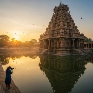 A majestic aerial view of Nachiyar Koil temple during golden hour, with intricate Dravidian architecture details illuminated by warm sunlight. The main gopuram features detailed classical Tamil sculptures, with golden rays filtering through its tiers. In the foreground, a young Indian photographer in contemporary clothing (navy blue kurta) gracefully positions their professional camera, capturing the reflection of the temple in a pristine temple tank. The water surface mirrors the temple's grandeur, creating a perfect symmetry. The scene includes traditional Tamil architectural elements like the mandapa with its ornate pillars, detailed stone carvings of celestial dancers, and mythological figures. Soft morning mist adds depth, while hovering birds create dynamic elements. The color palette combines deep browns of ancient stone, gold of sunrise, and rich blues of the early morning sky. The style merges hyperrealistic architectural photography with ethereal Indian artistic elements, incorporating delicate Madhubani-inspired patterns in the sky. The lighting emphasizes the three-dimensional details of the sculptures and creates dramatic shadows that highlight the temple's architectural magnificence.