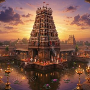 A majestic aerial view of Nachiyar Koil Temple at golden hour, with its intricate Dravidian architecture illuminated by warm sunlight. The main gopuram features detailed carvings in gold and saffron hues, adorned with traditional Tamil architectural elements. In the foreground, devotees in colorful traditional attire perform pradakshina around the temple. The temple tank reflects the sky's purple-orange sunset colors, with floating lotus flowers. Multiple oil lamps are lit around the temple premises, creating a divine ambiance. Ethereal rays of light pierce through clouds, highlighting the temple's vimana. The scene includes priests performing evening aarti with golden lamps, smoke from sacred fires rising in spiral patterns. Sacred tulsi plants and temple bells frame the composition. The overall scene combines photorealistic architectural details with mystical lighting effects, rendered in a style blending traditional Tanjore painting techniques with modern digital art aesthetics. Mandala patterns and peacock motifs subtly decorate the temple walls.