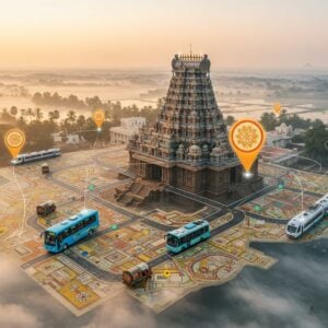 A serene aerial view of Nachiyar Koil temple complex with its distinctive gopuram illuminated by golden morning sunlight, surrounded by modern transportation elements. In the foreground, a stylized map-like pattern in Madhubani art style showing multiple routes converging at the temple - featuring modern electric buses in peacock blue, sleek silver trains, and traditional bullock carts, all decorated with intricate Indian patterns. The scene is framed by contemporary GPS navigation elements rendered in gold and saffron, floating like mystical mandalas. Digital route lines in glowing soft blue pulse across the composition. Temple architecture details are highlighted with warm orange halos. Background showcases Tamil Nadu's lush landscape with palm trees and water bodies in pastel greens and blues. The entire composition has a ethereal, floating quality with subtle sacred geometry patterns overlaid, combining modern technology with traditional Indian art elements. Soft mist and lens flares add depth and mystical atmosphere. Art style should blend hyperrealistic architectural details with stylized decorative elements inspired by Pattachitra paintings.