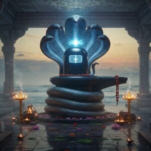 A majestic, luminous Shiva lingam made of deep black stone, emanating powerful blue-white energy rays, centered within an ancient temple structure with intricate Nagraj patterns. A massive seven-hooded cosmic serpent coils protectively around the lingam, scales gleaming with iridescent blues and silvers. The temple architecture features ornate Gujarat-style carved pillars and domes, with intricate geometric patterns and celestial motifs. The scene is set during twilight, with sacred oil lamps casting a warm golden glow, creating dramatic shadows. Water pools around the base of the lingam reflect the ethereal light. The background shows the Arabian Sea coastline with waves gently lapping at the shore. Floating lotus flowers and sacred rudraksha beads adorn the foreground. The atmosphere is misty with traces of incense smoke, creating a mystical ambiance. The art style combines hyperrealistic digital rendering with traditional Indian Pattachitra patterns, featuring a color palette of deep ocean blues, golden ambers, and silvery whites. Sacred geometric mandalas float subtly in the background air, half-visible through the mystical haze.