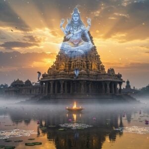A majestic ancient Shiva temple emerging from morning mist, featuring intricate Dravidian architecture with golden-hued gopuram adorned with detailed sculptures. Lord Shiva in his cosmic dance pose appears as a ethereal, translucent form above the temple, rendered in glowing blue and white energy. The temple structure reflects in a serene sacred pond with blooming lotus flowers. Traditional Tamil kolam patterns in white float in the foreground. The scene is illuminated by warm sunrise colors of orange and gold, with rays of light piercing through clouds. Mystical blue serpents coil around temple pillars. The artwork style combines hyperrealistic architectural details with ethereal spiritual elements, featuring rich jewel tones of deep blue, gold, and saffron. Multiple layers of mandala patterns appear as subtle overlays. The mood is deeply spiritual and timeless, with soft glowing auras and particle effects adding a contemporary digital art feel.