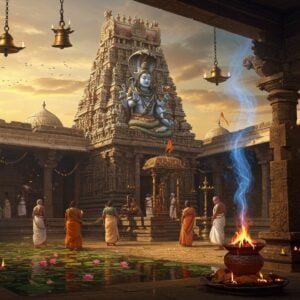 Ancient Shiva temple in golden hour lighting, intricate Dravidian architecture with multi-tiered gopuram decorated with detailed stone carvings and traditional Tamil motifs. Lord Shiva as Naguleswara stands majestically in the sanctum, four-armed, holding trishul and damaru, with a serene expression and third eye prominent. A divine cobra with spread hood forms a protective canopy above. The temple courtyard features blooming lotus pond reflecting golden sky, with devotees in traditional Tamil attire performing ritual circumambulation. Ethereal blue smoke from ceremonial fire rises in spiral patterns, merging with mystical aura. Mandala patterns in gold and saffron float in air. Soft glowing diyas illuminate the stone pillars covered in ancient Tamil inscriptions. Art style combines hyperrealistic digital rendering with traditional Tanjore painting elements, emphasizing rich jewel tones, especially deep blues and golds. Magical light beams filter through temple architecture creating divine atmosphere. Sacred bells and traditional brass lamps hang from ornate chains.