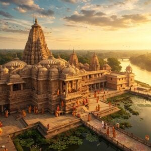 A majestic aerial view of the Naimisharanya Vishnu Temple complex at golden hour, with its distinctive chakra-shaped layout visible from above, surrounded by the ancient Naimisha forest. The main temple structure features intricate Nagara architecture with carved spires and domes in warm sandstone. Lord Vishnu's idol is visible through the temple entrance, depicted in His four-armed form holding Shankha, Chakra, Gada, and Padma, adorned in yellow silk and gold ornaments. The foreground shows modern Indian pilgrims in contemporary clothing walking on decorated pathways lined with blooming lotus ponds. The sacred Gomti River flows nearby, its waters reflecting golden sunlight. Mystical elements include soft glowing mandalas floating in the sky, ethereal light beams piercing through clouds, and scattered flower petals in the air. The scene combines photorealistic architecture with surreal spiritual elements, rendered in rich colors of saffron, deep blue, and gold, with intricate Madhubani-style patterns decorating the temple walls. The lighting creates a divine atmosphere with warm golden rays highlighting the temple's architectural features.