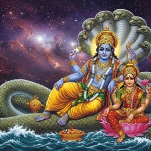 A majestic, ethereal portrayal of Lord Narayana Perumal reclining on the cosmic serpent Adisesha against a celestial backdrop with swirling galaxies and nebulae in deep purples and blues. The Lord has four arms - His upper right hand holding the golden Sudarshana Chakra, upper left hand holding the white conch Panchajanya, lower right hand holding a pink lotus, and lower left hand in abhaya mudra. He wears a golden crown adorned with precious gems, rich golden ornaments, and a yellow silk dhoti. His complexion is deep blue like rain-bearing clouds. Goddess Lakshmi sits at His feet, wearing a red silk saree with gold border, performing seva. The thousand-headed Adisesha forms a luminous couch, each head with divine gems emitting soft light. The cosmic ocean Kshirasagara beneath is rendered in swirling patterns of white and turquoise. Soft golden light emanates from the Lord's form, creating a divine aura. The scene combines traditional Pattachitra art style with modern digital aesthetics, featuring intricate patterns and motifs in gold and deep colors. The overall composition should convey supreme divinity and cosmic grandeur.