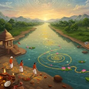 A serene bird's-eye view of the sacred Narmada River meandering through lush green landscapes, rendered in rich Madhubani-inspired style. The river glows with ethereal golden light, decorated with floating lotus flowers and diyas. In the foreground, three Indian pilgrims in traditional white clothing walk clockwise along the riverbank, their paths creating golden spiral patterns. The sky features delicate mandala patterns in soft pastel blues and pinks, with sacred symbols of Lord Shiva subtly woven into the clouds. Ancient stone temples and ghats line the riverbanks, their reflections rippling in the sacred waters. The scene is illuminated by a warm, divine light, creating a mystical atmosphere. Small details include sacred rudraksha beads, coconuts, and marigold flowers scattered along the pilgrim's path. Traditional Narmada Parikrama symbols and cosmic elements are integrated using modern digital art techniques, creating a harmonious blend of ancient spirituality and contemporary aesthetic. The overall composition should evoke a sense of divine journey and spiritual transformation.